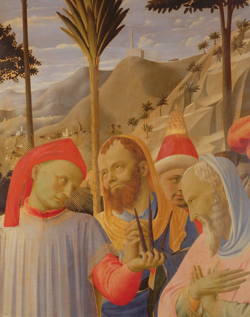 Santa Trinita altertavle, detalje, der viser en gruppe mænd, muligvis inklusive Nikodemus og Josef af Arimatæa, ca. 1434 (tempera og guld på panel) af Fra Angelico