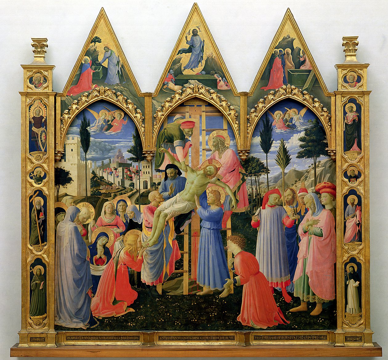 Santa Trinita altertavle, ramme og tinder af Lorenzo Monaco (Piero di Giovanni) (ca. 1370-1425) færdiggjort ca. 1434 (tempera og guld på panel) af Fra Angelico