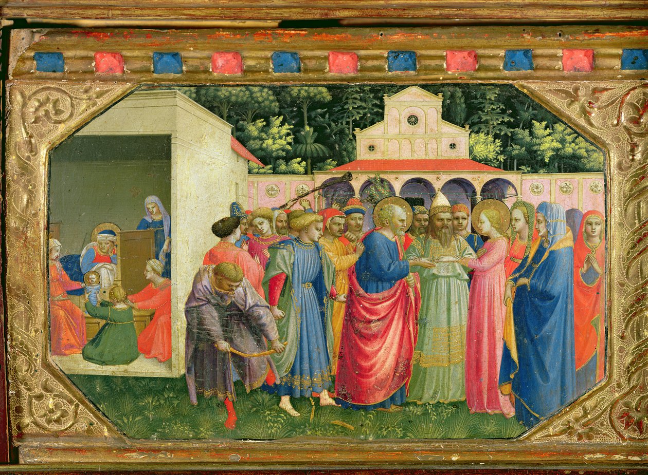 Jomfruens fødsel og ægteskab, fra predellaen af bebudelsesaltertavlen, ca. 1430-32 (tempera og guld på panel) af Fra Angelico