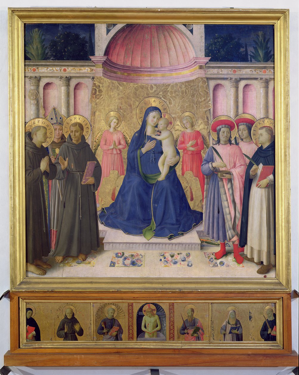 Bosco ai Frati-altertavlen: Jomfruen og barnet på tronen med to engle mellem SS. Anthony af Padua, Ludvig af Toulouse og Frans og SS. Cosmas og Damian og Peter Martyren, 1452 (tempera af Fra Angelico