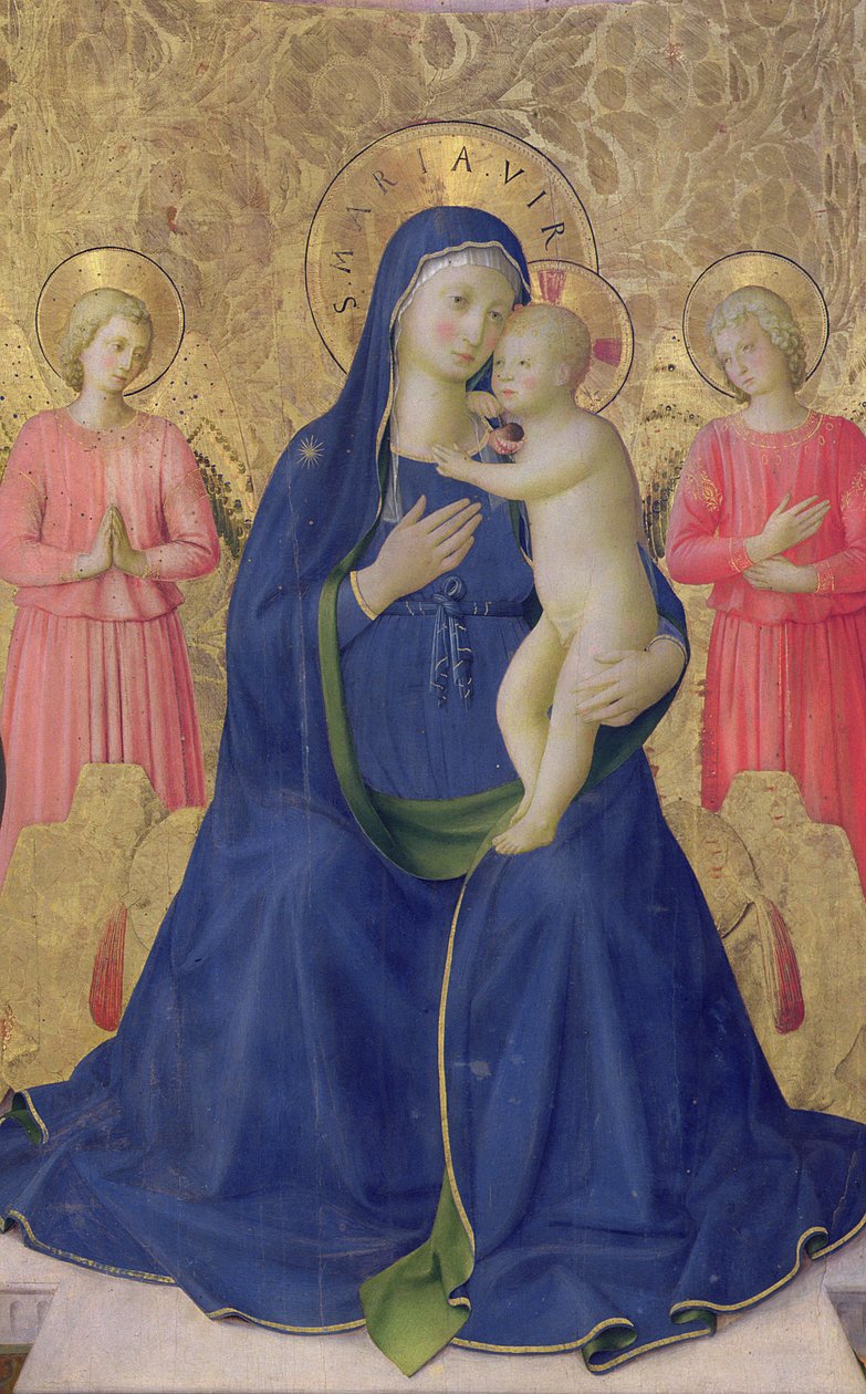 Bosco ai Frati-altertavlen: Jomfruen og barnet tronet med to engle, 1452 tempera på paneldetalje af 43968 af Fra Angelico