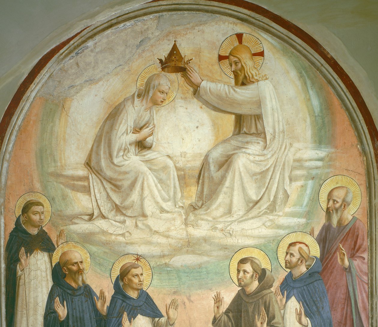 Jomfruens kroning med de hellige Thomas, Benedikt, Dominic, Frans, Peter Martyren og Paulus, 1442 (detaljeret af 43883) af Fra Angelico