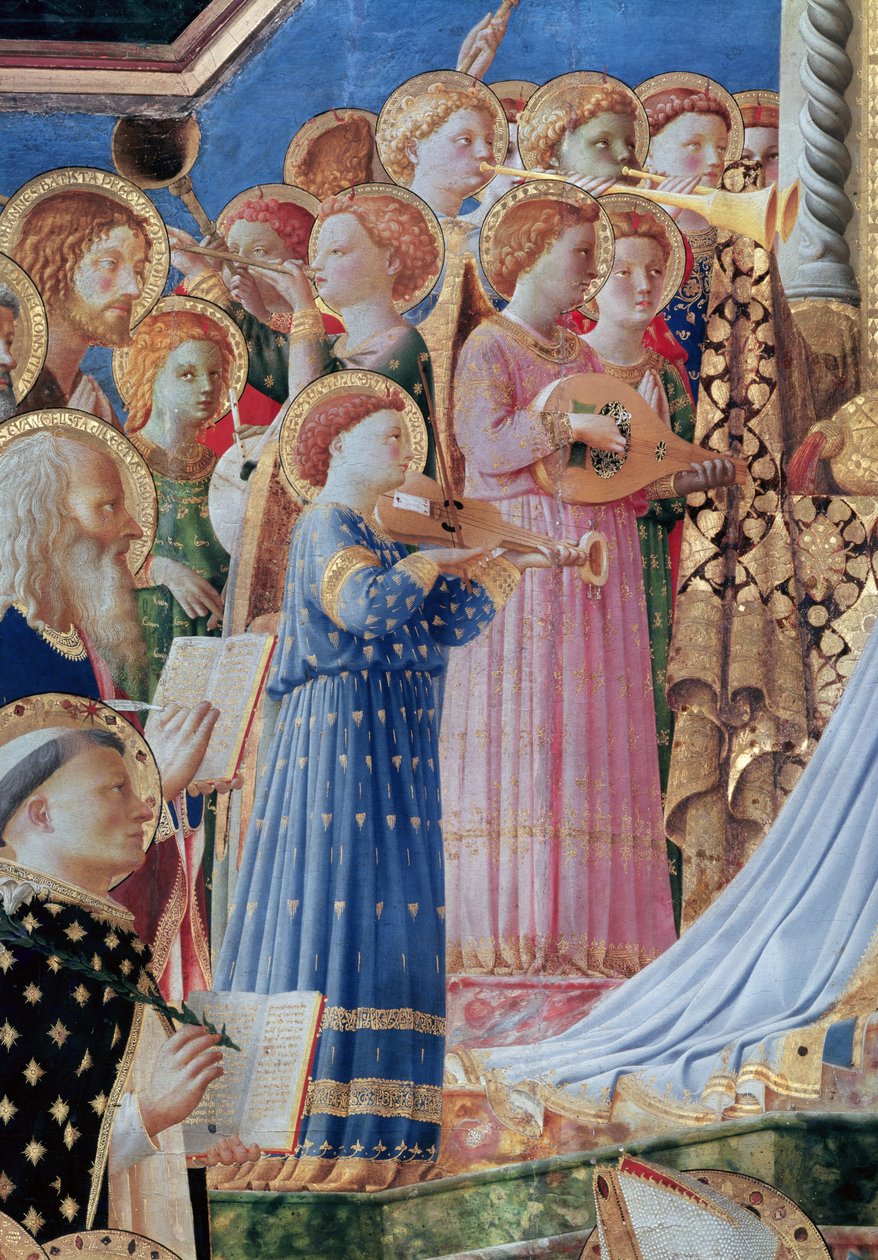 Jomfruens kroning, detalje af musikalske engle fra venstre side, ca. 1430-32 (detalje af 60319) af Fra Angelico
