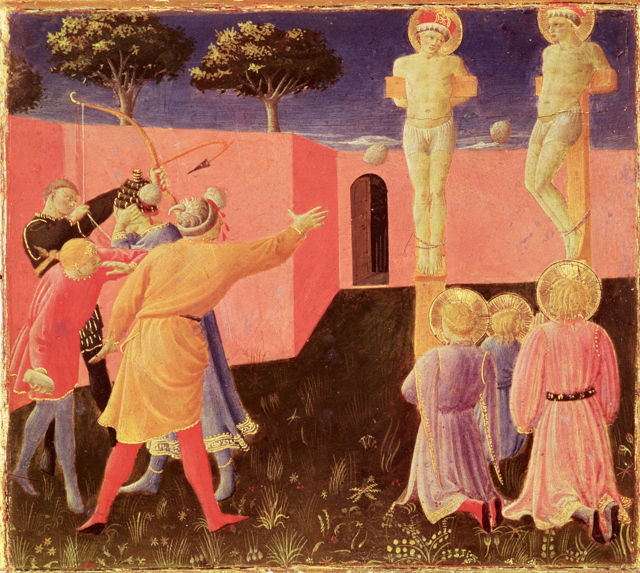 Korsfæstelsen og stening af SS. Cosmas og Damian, predella fra Annalena-altertavlen, 1434 (tempera på panel) af Fra Angelico