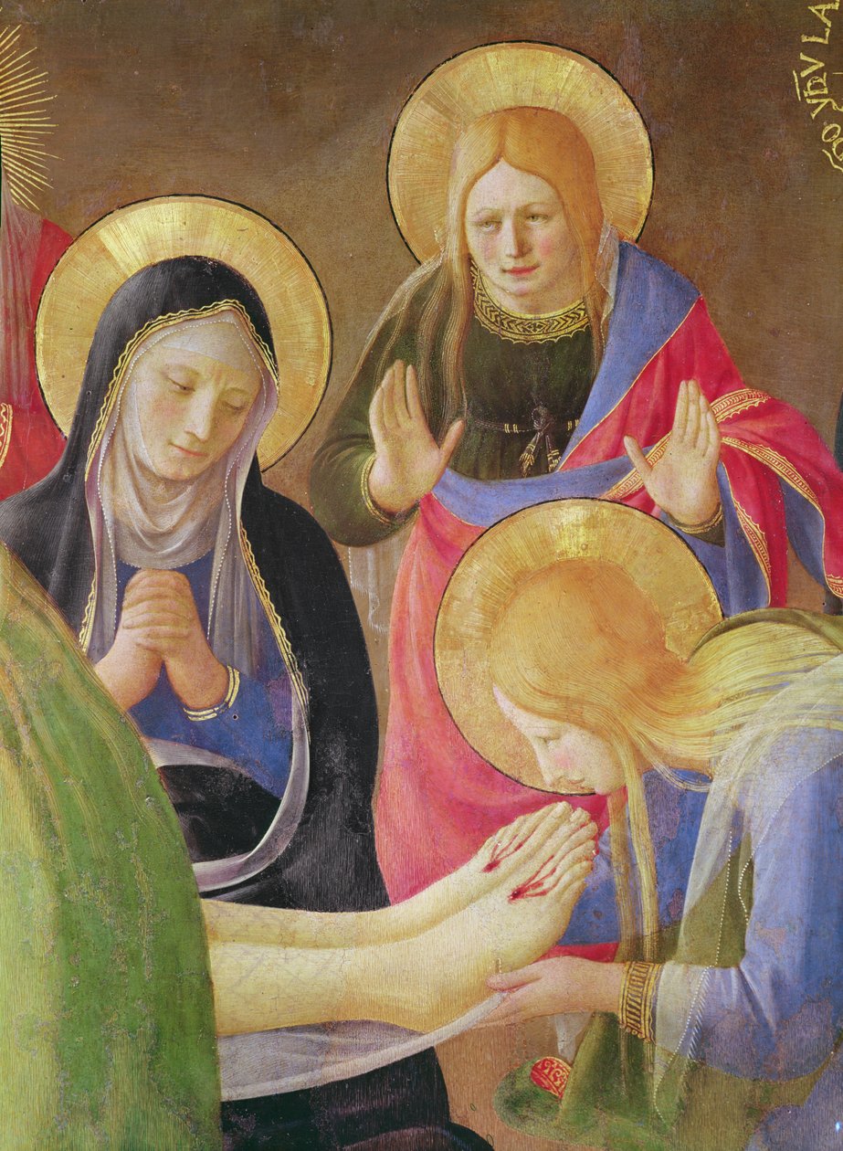 Kristi klagesang detalje af Maria Magdalene, der kysser Kristi fødder, 1436 tempera på træ af Fra Angelico