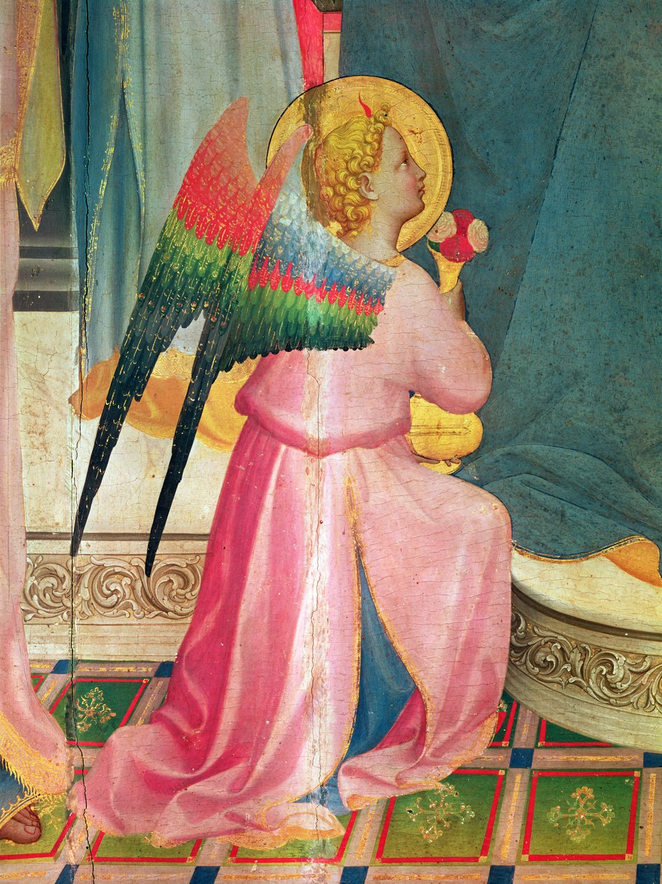 Jomfruen tronende blandt helgener detalje af en engel, ca.1424-5 tempera på panel af Fra Angelico