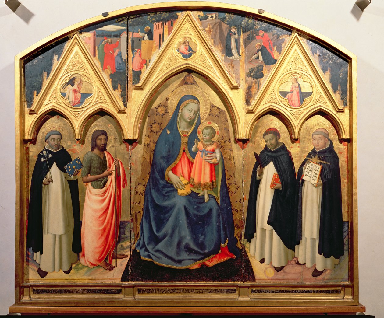 Jomfruen og barnet med Sankt Johannes Døberen, Sankt Dominikus, Sankt Peter Martyren og Sankt Thomas Aquinas (tempera på panel) af Fra Angelico