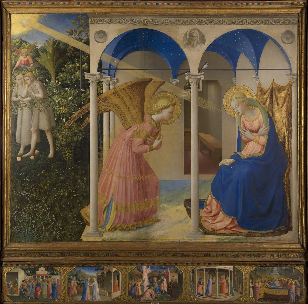 Meddelelse til Mary, altertavle med 5 predella -paneler fra Marias liv, hovedpanel, scene af Fra Angelico