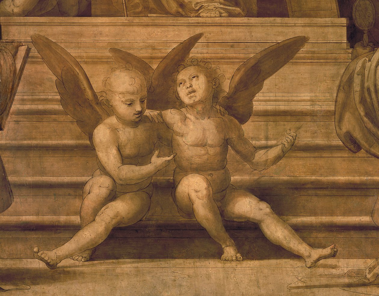 Detalje af to engle fra Palazzo del Gran Consiglio pen og vask af Fra Bartolommeo