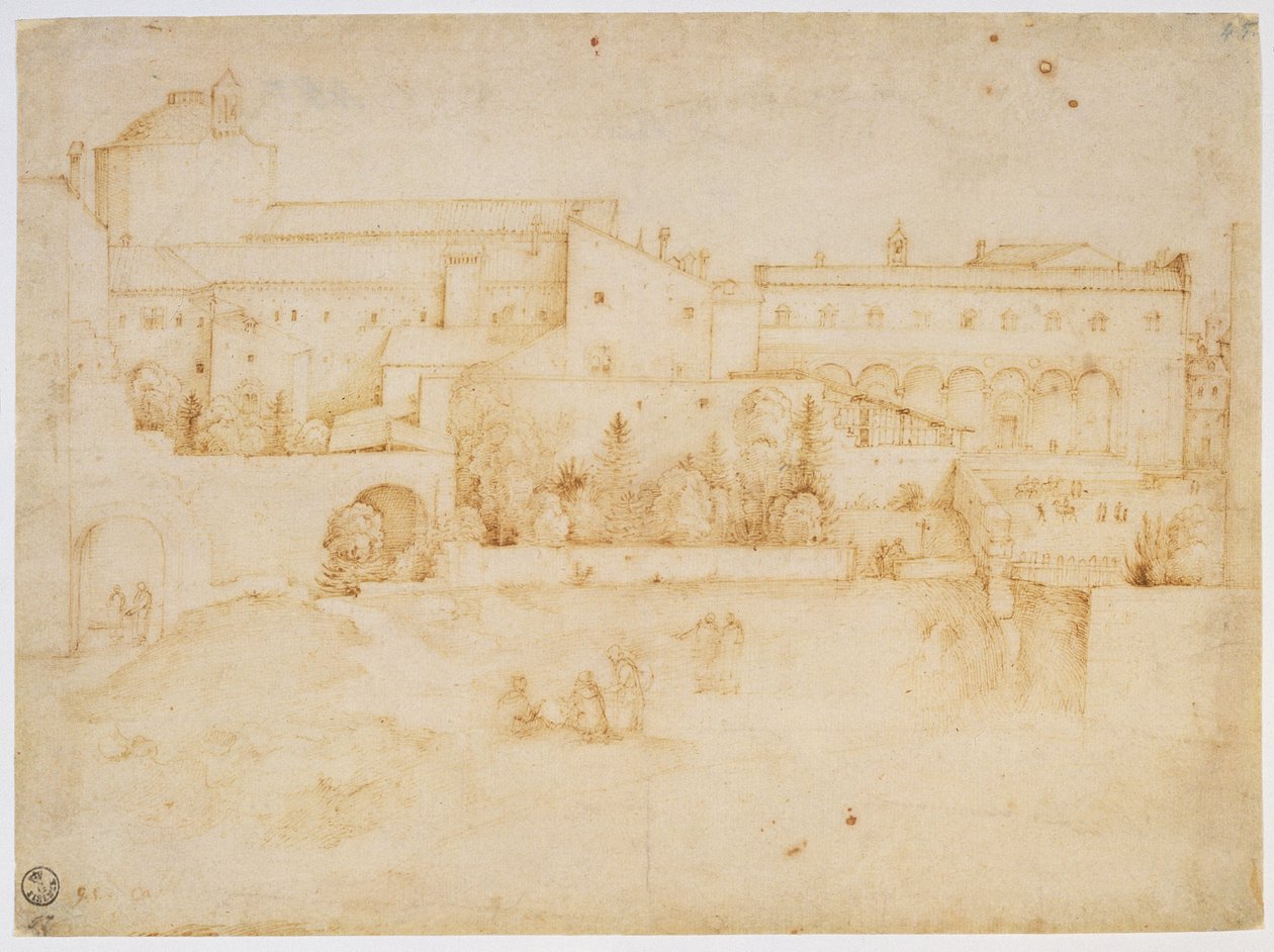 Udsigt over kirken og klosteret Santa Croce, Firenze (brun blæk på papir) af Fra Bartolommeo