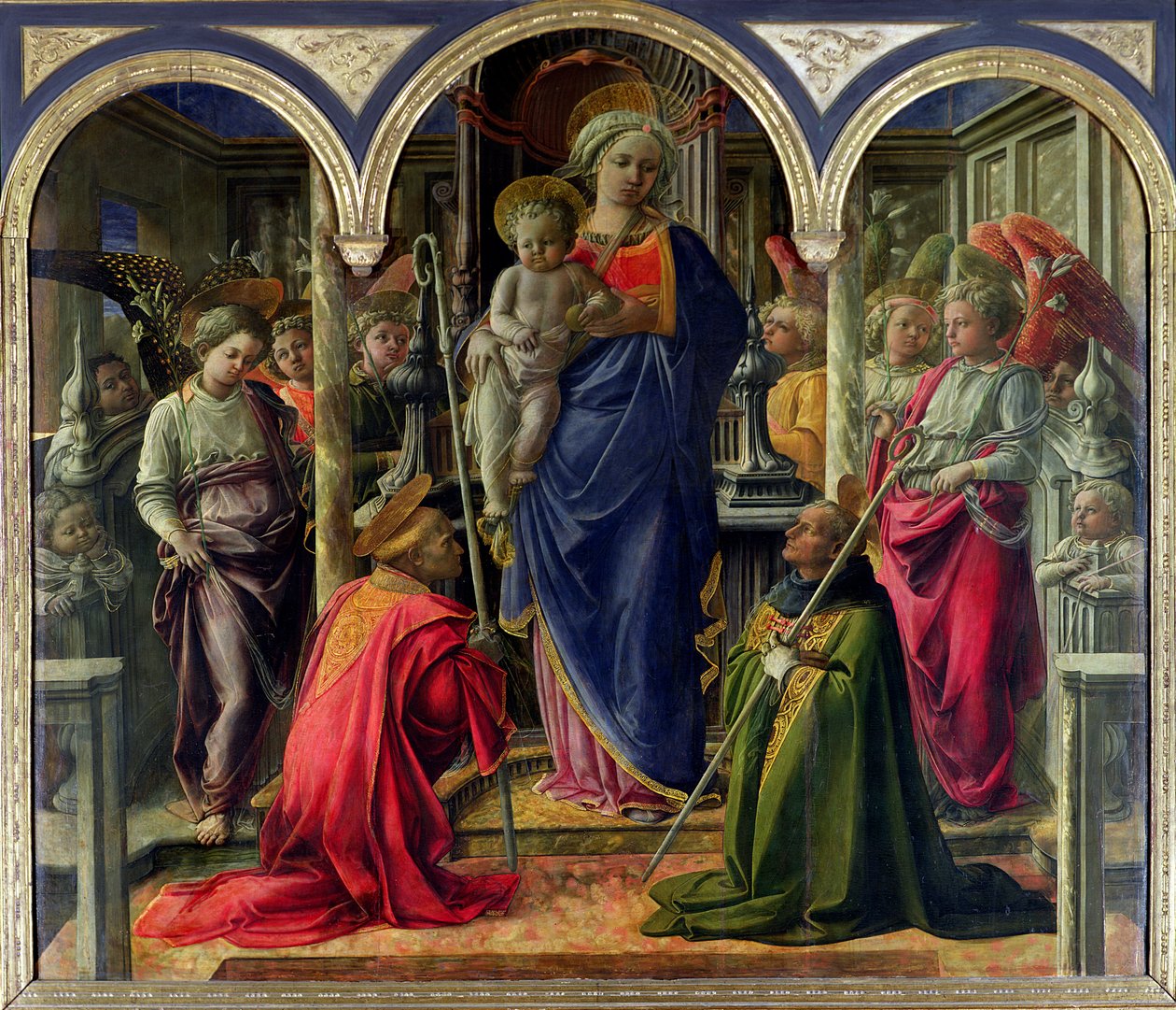 Barbadori-altertavlen: Jomfru og barn omgivet af engle med St. Frediano og St. Augustine, 1437 af Fra Filippo Lippi
