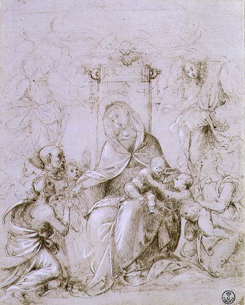 Madonna og barn på tronen med St. Johannes Døberen præsenteret af en engel og St. Monica (pen og blæk på papir) af Fra Bartolomeo