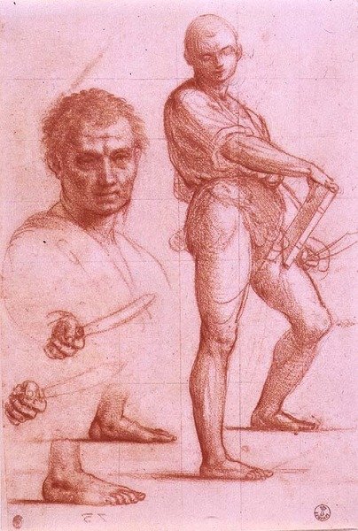 Studie af en mand, der holder et sværd og en bog, sværdet og fødderne øvet to gange, og et mandligt hoved (kridt på papir) af Fra Bartolomeo