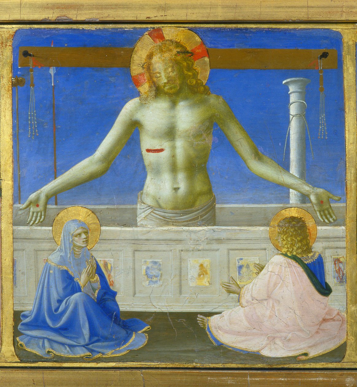 Kristus stående i sine grave (opstandelse) - nederste del (predella) af "" Jomfruens kroning"" skildrer Kristus ved graven og seks episoder af Saint Dominicas liv, grundlæggeren af den orden, som Angelicode tilhørte af Guido di Pietro ( af Fra  Angelico
