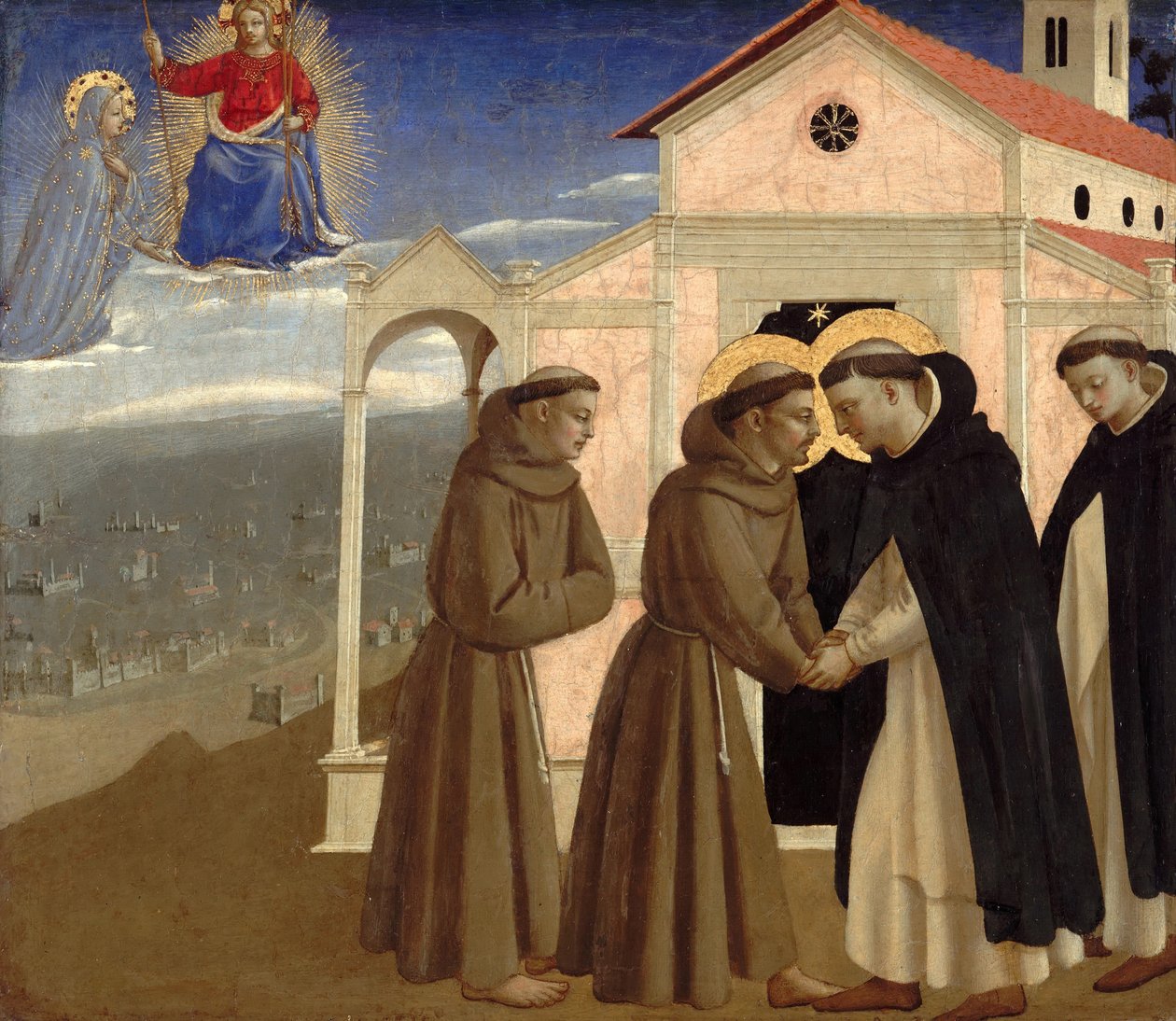 Møde mellem Sankt Frans og Sankt Dominikus (Scener fra Sankt Frans af Assisis liv), ca. 1429 (tempera på panel) af Fra (c.1387 1455) Angelico