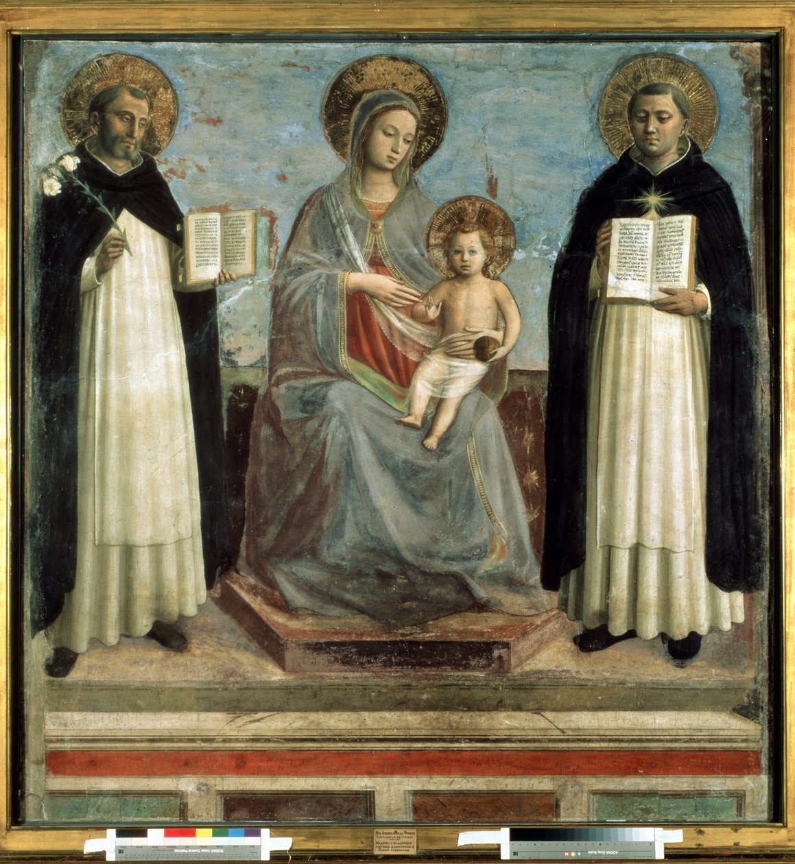 ""Madonna og barn omgivet af Saint Dominic de Guzman (1170-1221), grundlæggeren af ​​Den Dominikanske Orden og Saint Thomas Aquinas (1225-1274) kirkens læge"" (Jomfruen og barnet med Sts Dominic og Thomas Aquinas) Hundesyge på misteltentræ af Fra (c.1387 1455) Angelico