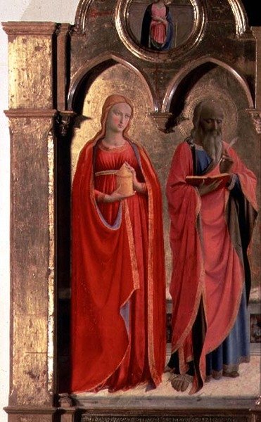 Jomfru og barn på tronen med fire engle, detalje af Johannes evangelisten og Maria Magdalena, fra Polittico di San Domenico (detalje af 43910) af Fra (c.1387 1455) Angelico