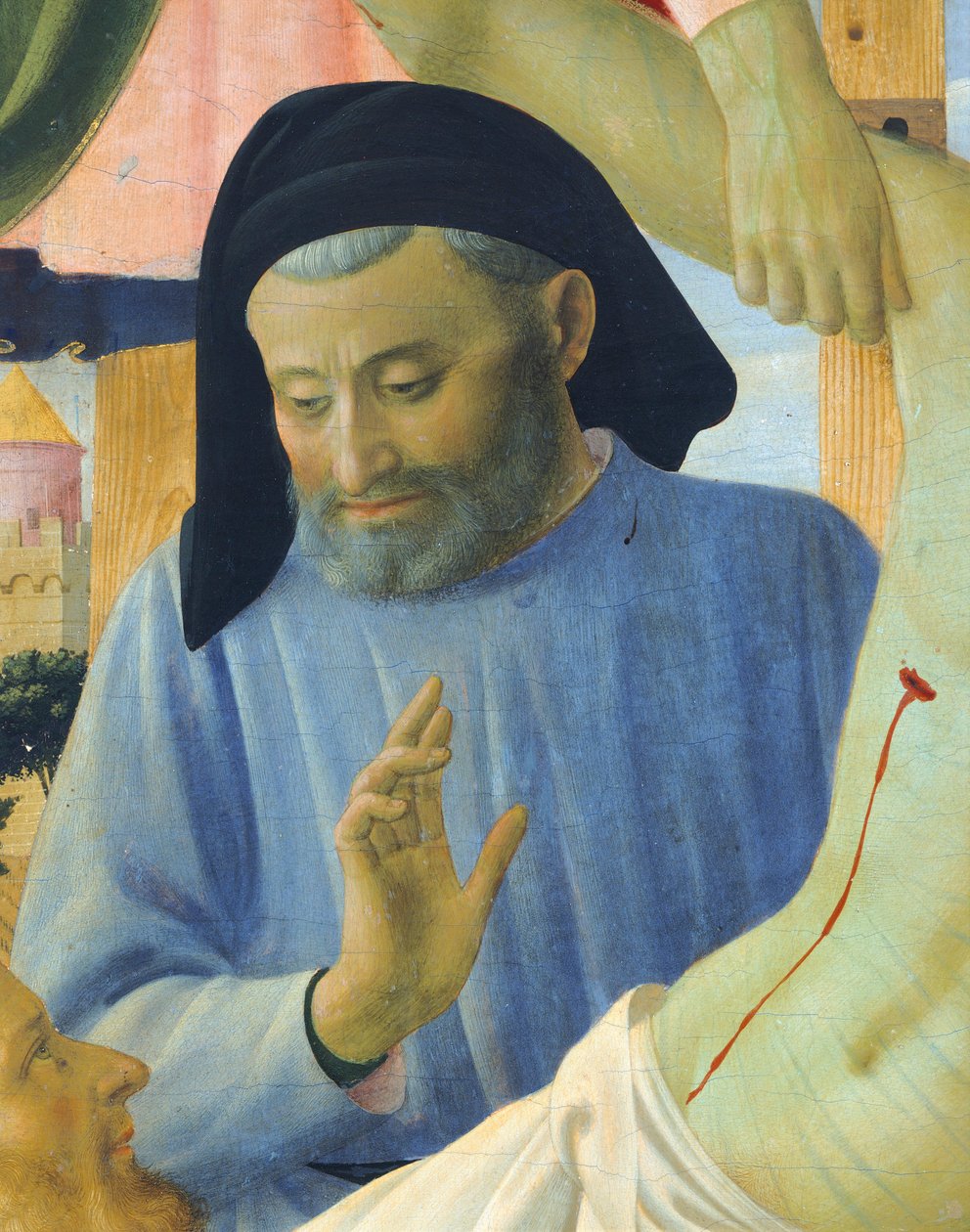 Arkitekt Michelozzo, detalje fra Afsætningen fra korset eller den hellige treenigheds altertavle, ca. 1432, af Giovanni da Fiesole kendt som Fra Angelico (1400-ca 1455), tempera på træ af Fra (c.1387 1455) Angelico