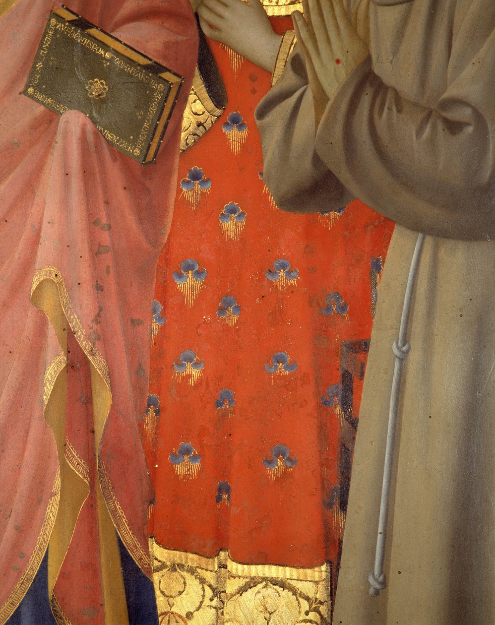 Detalje af Annalena-altertavlen. Tunika og beklædning af Saint John the Evangelist, Saint Laurent og Saint Francois (tempera på træ) af Fra  Angelico