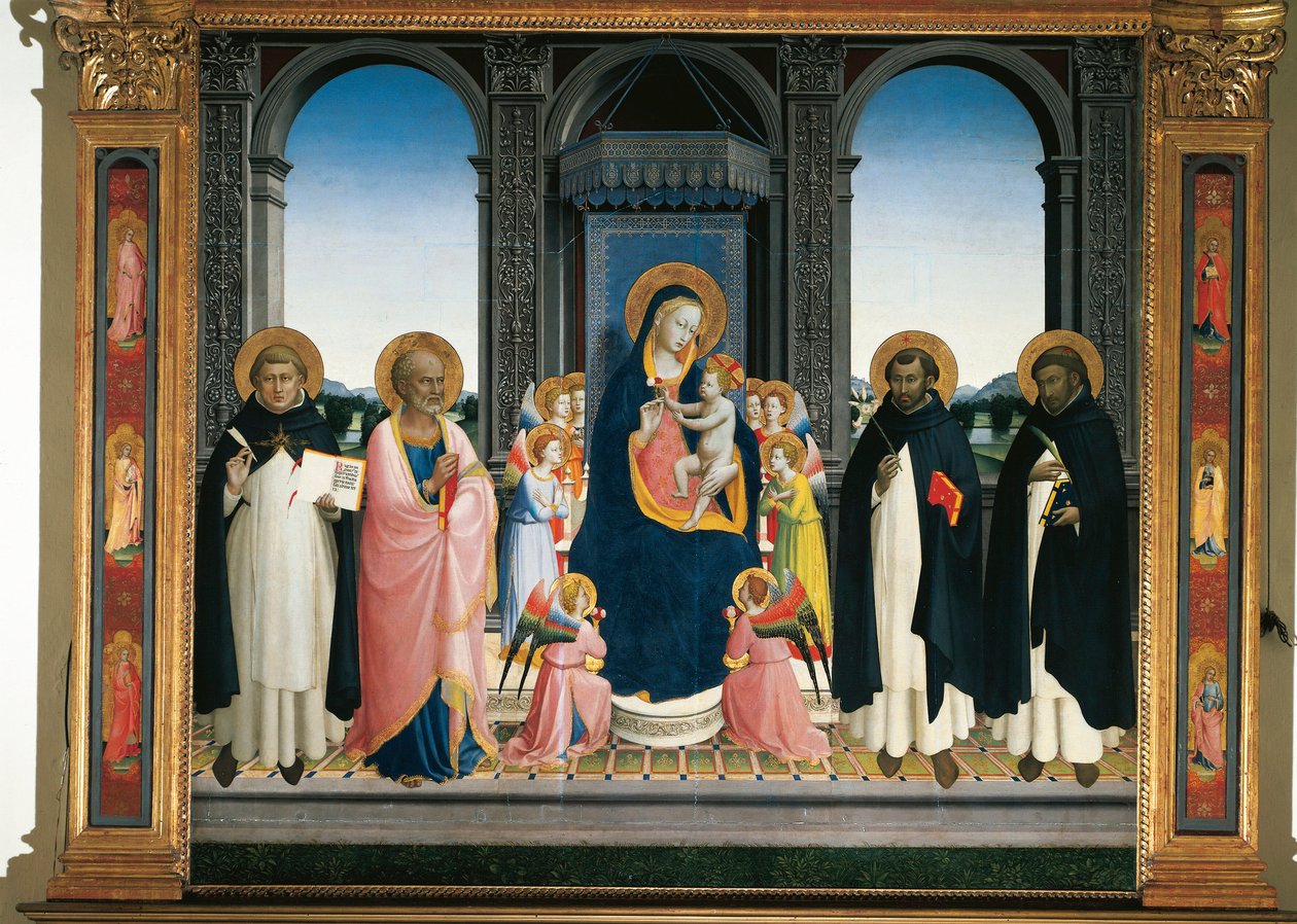 Fiesole altertavle: Jomfru og barn med engle og fire hellige (maleri på træ af Fra  Angelico