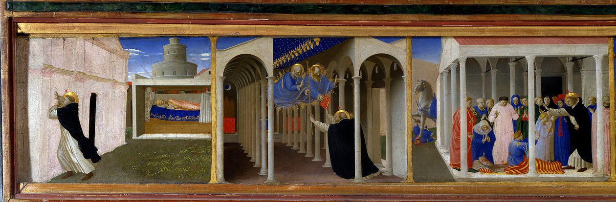Fra venstre mod højre, St. Dominica (1170-1221) og Pave Innocent III (1160-1216), åbenbaring af Skt. Peter og St. Paul til Saint Dominica og en opstandelsesscene mirakuløst betjent af helgenen"" Venstre del af predelle af altertavlen "" The Coro af Fra  Angelico