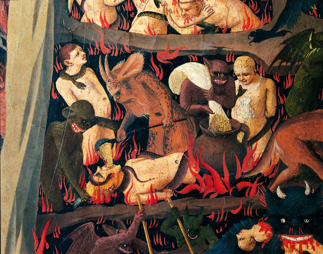 Helvede med dæmoner, der straffer grådige, detaljer fra Last Judgment af Giovanni da Fiesole kendt som Fra Angelico (1400-cirka 1455), tempera på træ af Fra (c.1387 1455) Angelico