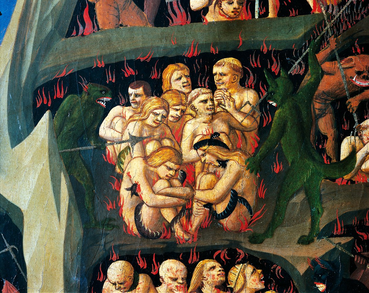 Helvede med dæmoner, der straffer doven, detalje fra Last Judgment af Giovanni da Fiesole, kendt som Fra Angelico (1400-cirka 1455), tempera på træ af Fra (c.1387 1455) Angelico