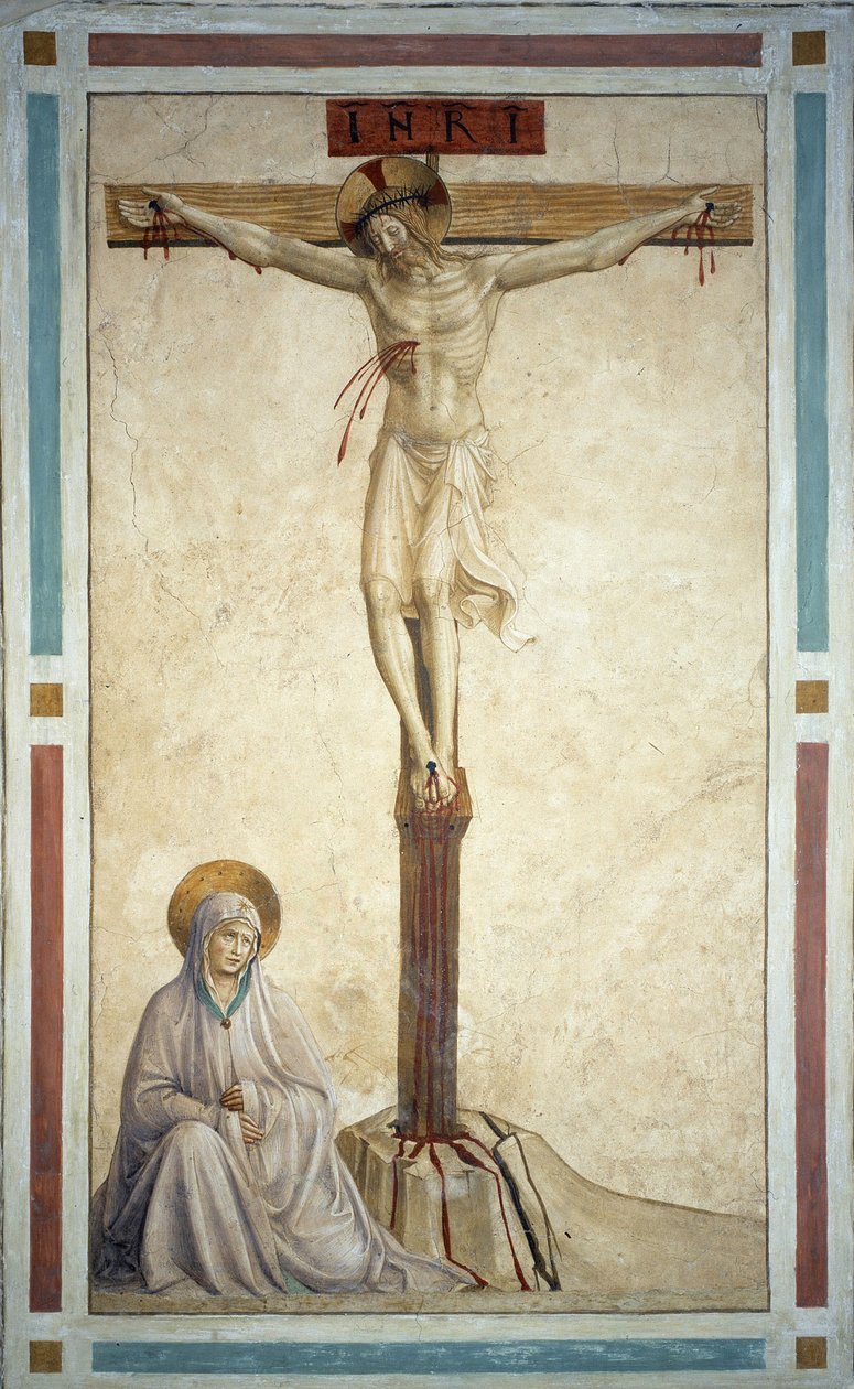 Korsfæstelsen med Jomfru Maria. Indskrift "INRI" på korset. Fresko af Guido di Pietro (eller Fra Giovanni da Fiesole), kendt som Fra Angelico eller il Beato (1400-1455) af Fra  Angelico