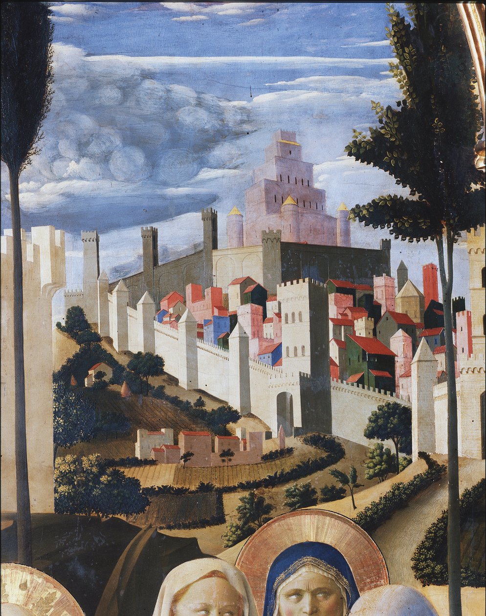 Landskab med udsigt over Jerusalem og Salomons tempel. Detalje af Kristi aflejring eller den hellige treenigheds altertavle (tempera på træ af Fra  Angelico
