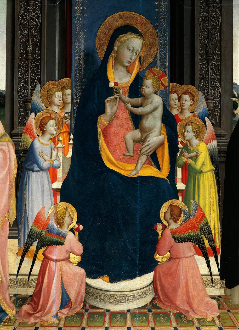 Madonna og barn tronet med hellige af Giovanni da Fiesole kendt som Fra Angelico (1400-cirka 1455), tempera på træ, detaljer af Fra (c.1387 1455) Angelico