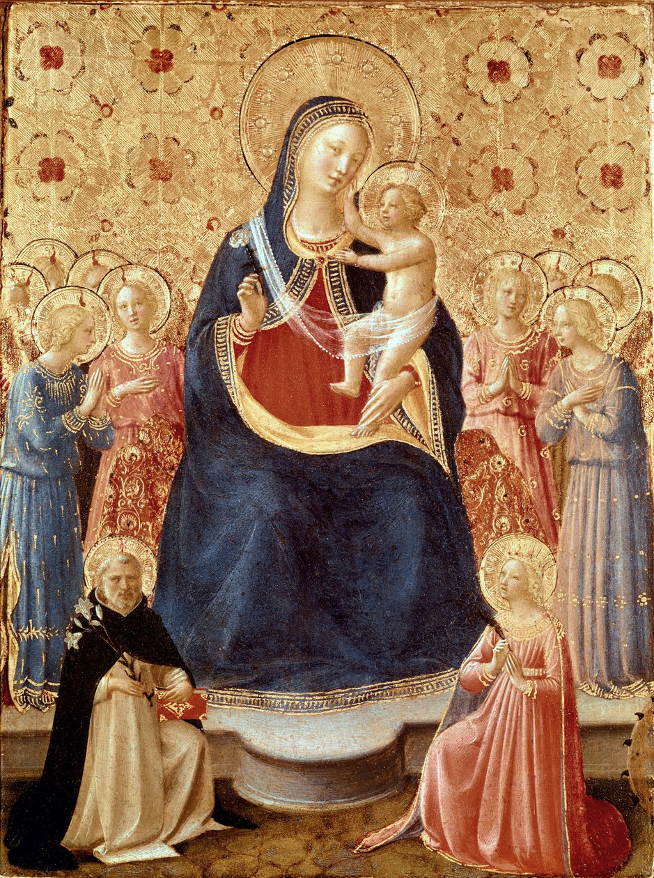 Madonna og barn med engle, Sankt Dominikus og Sankt Katarina af Alexandria, ca. 1435 (tempera og guld på panel) af Fra (c.1387 1455) Angelico
