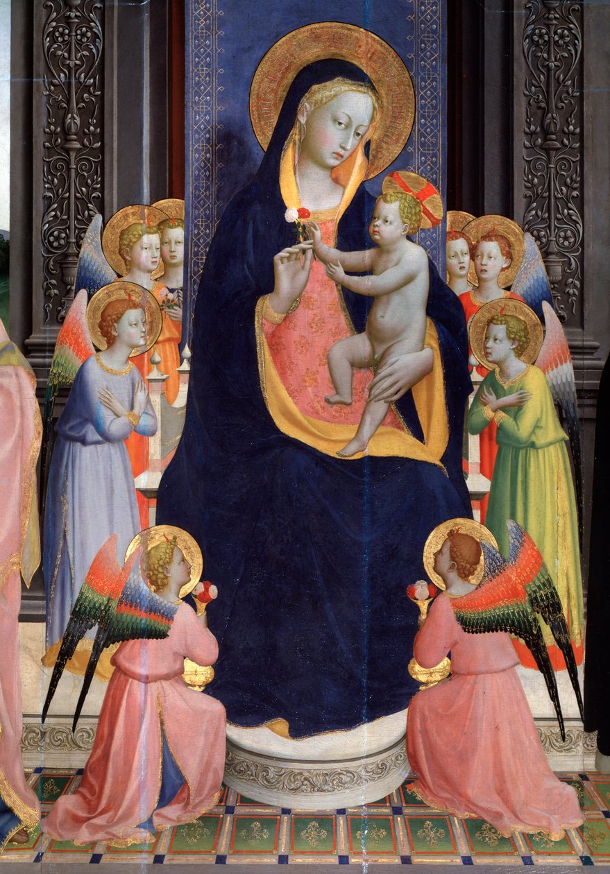 Madonna og barn med engle. Detalje af Saint Dominic altertavle eller Pala di Fiesole (tempera på træ, ca. 1424-1428) af Fra  Angelico