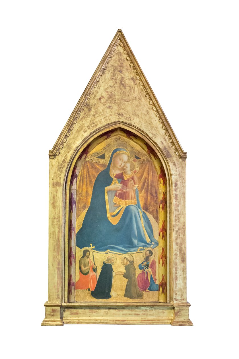 Madonna af ydmyghed, Johannes Døberen og Paulus: mødet mellem Dominikus og Frans af Assisi (tempera og guld på panel) af Fra (c.1387 1455) Angelico