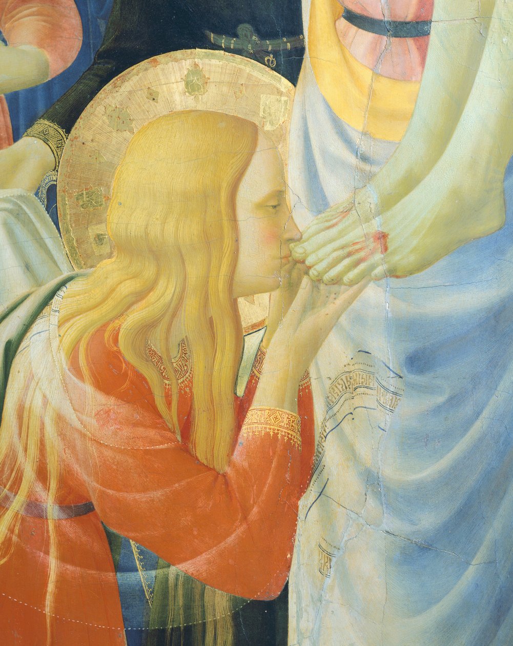 Maria Magdalene kysser Jesu fødder, detalje fra aflejring fra kors eller altertavle af hellig treenighed, omkring 1432, af Giovanni da Fiesole kendt som Fra Angelico (1400-cirka 1455), tempera på træ af Fra (c.1387 1455) Angelico