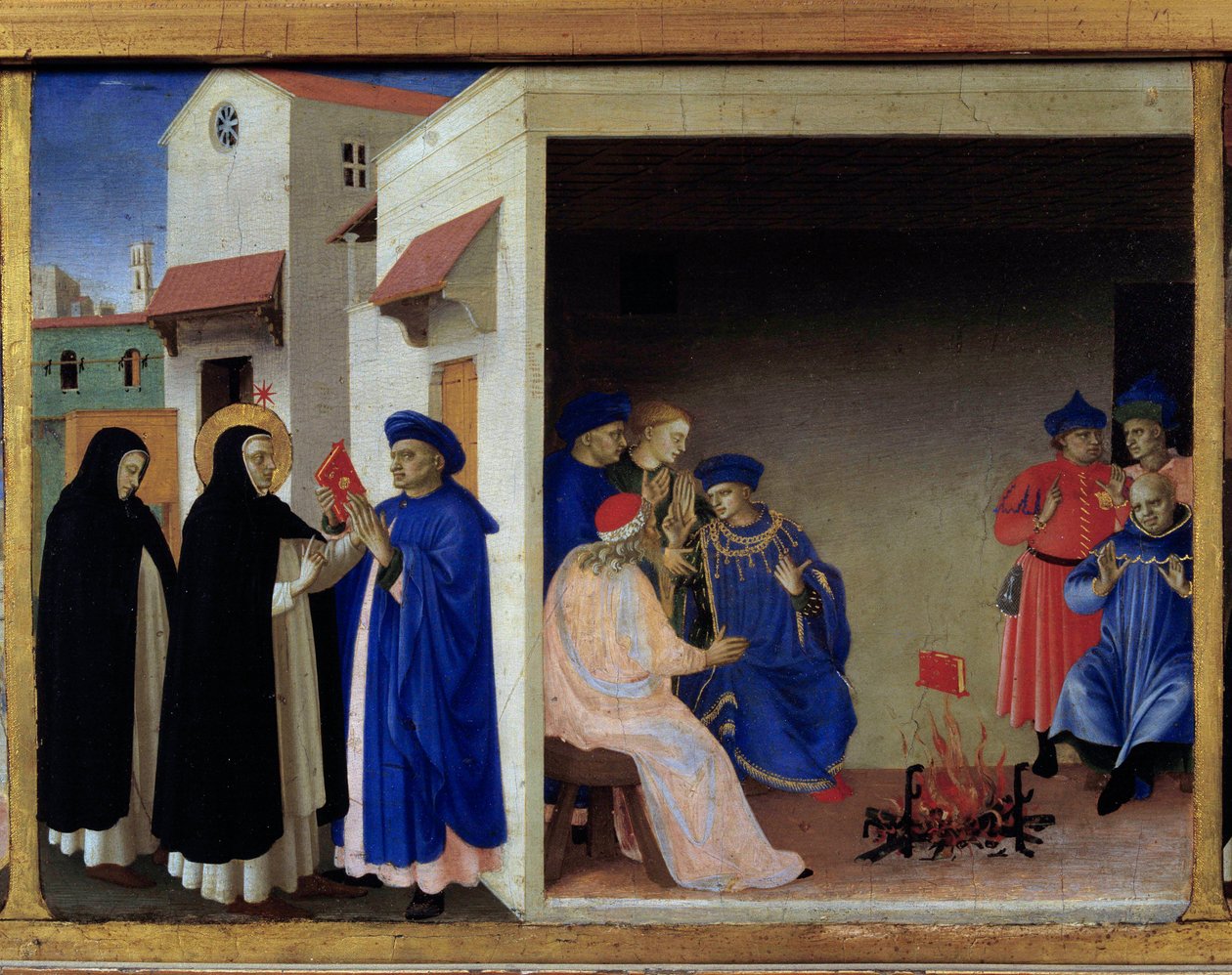 Predelle af Jomfruens kroning: bogens mirakel sender til albigeerne. Saint Dominica tilbageviser katharernes kætteri. Detrempe på træ af Guido di Pietro (eller Fra Giovanni da Fiesole) dit Fra Angelico eller il Beato (1400-1455). Louvre-museet af Fra  Angelico