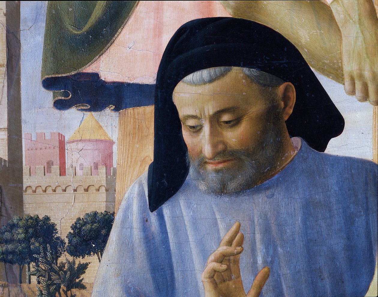 Formodet portræt af arkitekten Michelozzo Michelozzi. Detalje af aflejring af Kristus eller den hellige treenigheds altertavle (Tempera på træ af Fra  Angelico