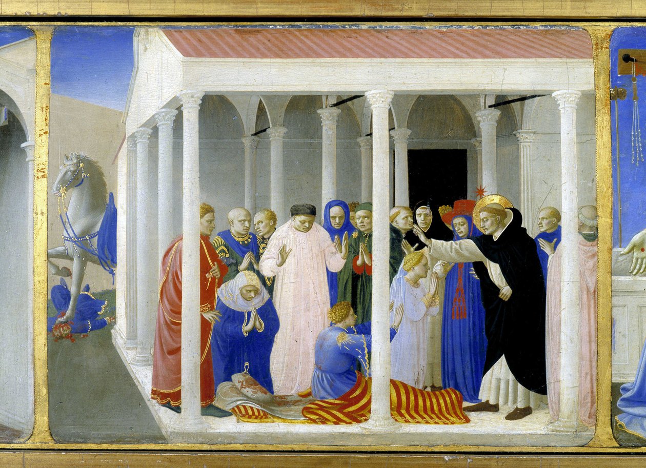 Saint Dominica (1170 - 1221) genopliver Napoleone Orsini, den nederste del (predellen) af "Jomfruens kroning", der repræsenterer Kristus ved graven og seks episoder af Saint Dominicas liv, grundlæggeren af den orden, som Angelicode tilhører af Fra  Angelico
