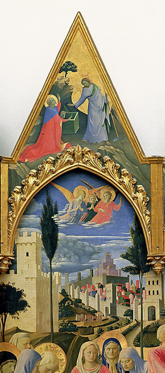 Santa Trinita altertavle, ramme og tinder af Lorenzo Monaco (Piero di Giovanni) (ca. 1370-1425) færdiggjort ca. 1434 (tempera & guld på panel) (detalje af 43967) af Fra  Angelico