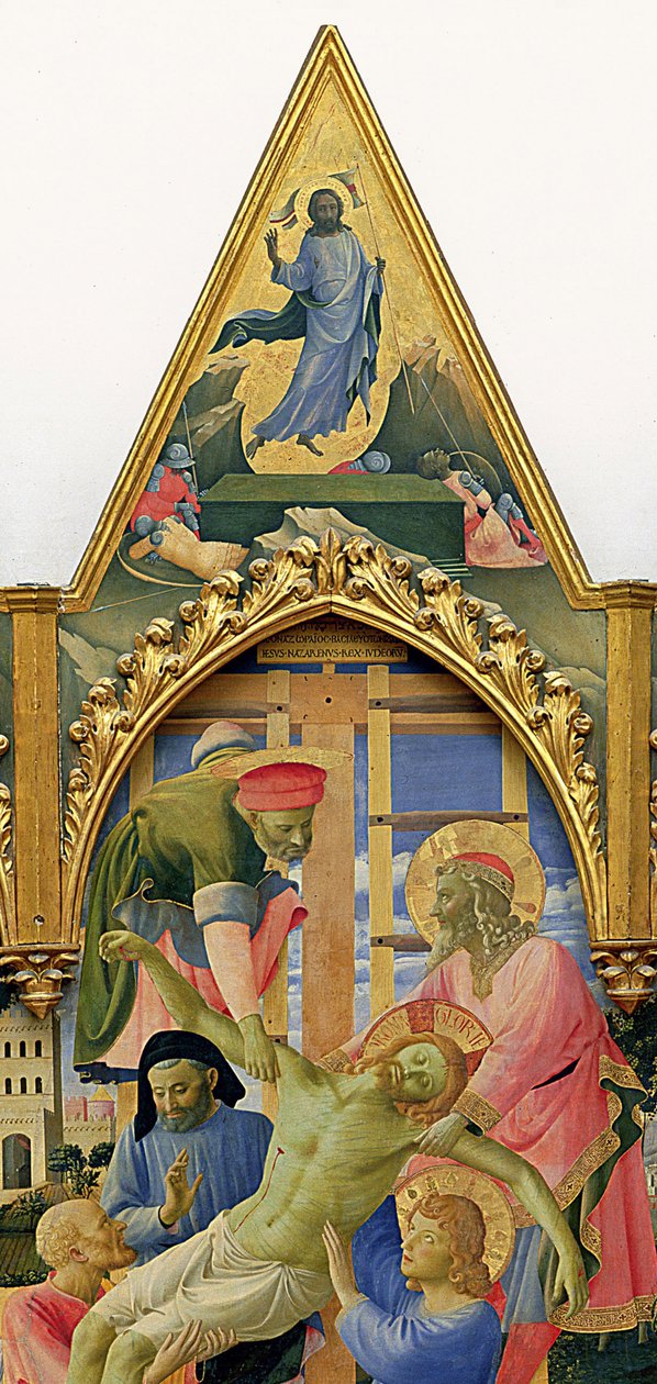 Santa Trinita altertavle, ramme og tinder af Lorenzo Monaco (Piero di Giovanni) (ca. 1370-1425) færdiggjort ca. 1434 (tempera & guld på panel) (detalje af 43967) af Fra  Angelico