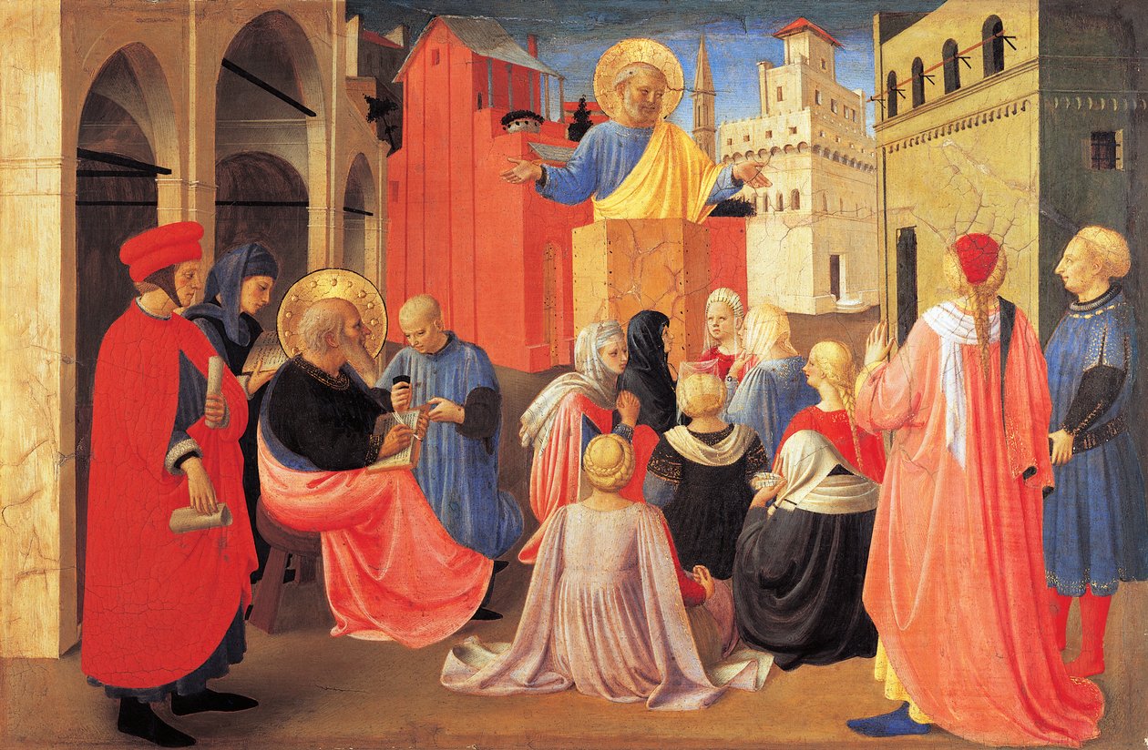 Sankt Peter prædiker evangeliet til Markus, detalje fra predella fra linnedgardinernes tabernakel af Fra (c.1387 1455) Angelico