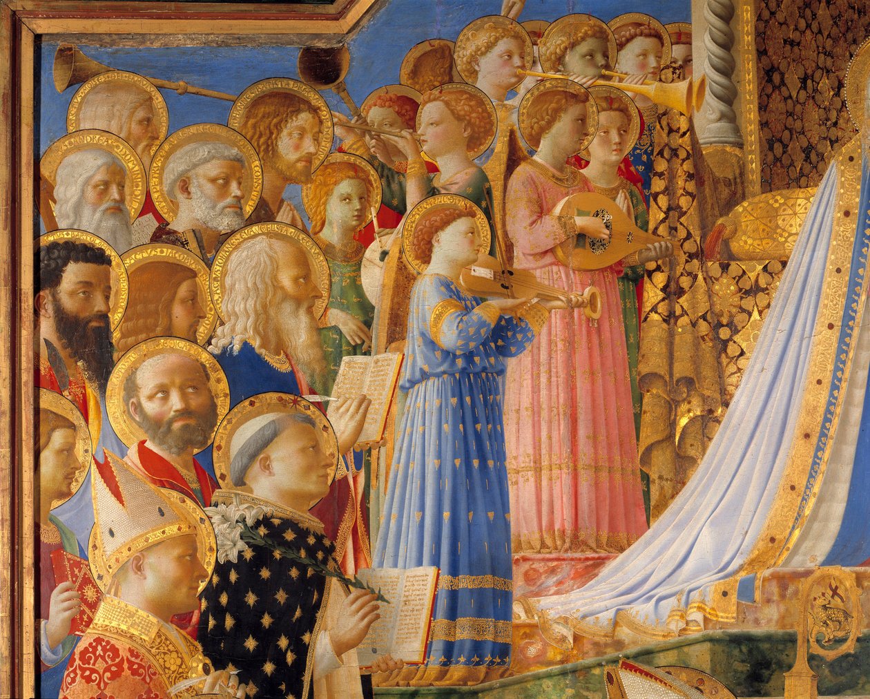 Jomfruens kroning, detalje af hellige og engles musikere. Maleri af Guido di Pietro (eller Fra Giovanni da Fiesole) dit Fra Angelico ou il Beato (1387-1455) af Fra  Angelico