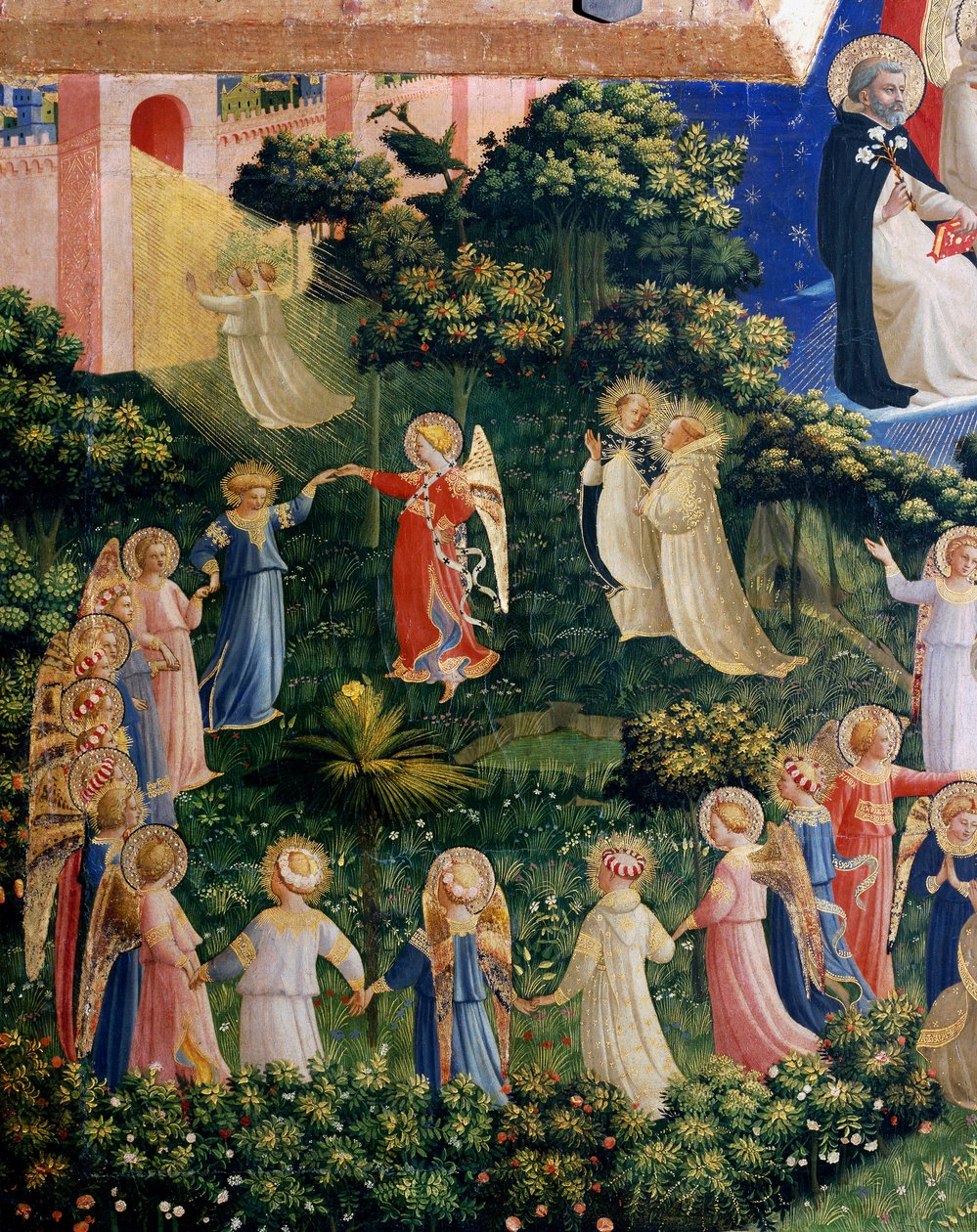 The Last Judgment Detail of Paradise, runden af aureolee sjæle. Detrempe på træ af Guido di Pietro (eller Fra Giovanni da Fiesole) dit Fra Angelico eller il Beato (1400-1455). Svag. 105x210 cm San Marco-museet. Firenze af Fra  Angelico