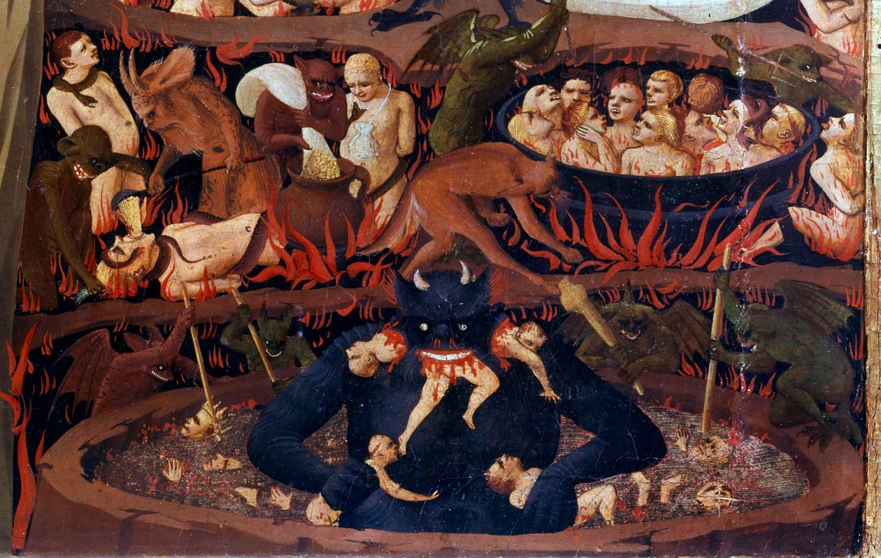 Den sidste dom: detalje af underverdenen. Forbandelser i de infernalske kredse, tortur af dæmoner. Detalje af en detrempe på træ af Guido di Pietro (eller Fra Giovanni da Fiesole) dit Fra Angelico eller il Beato (1387-1455) af Fra  Angelico