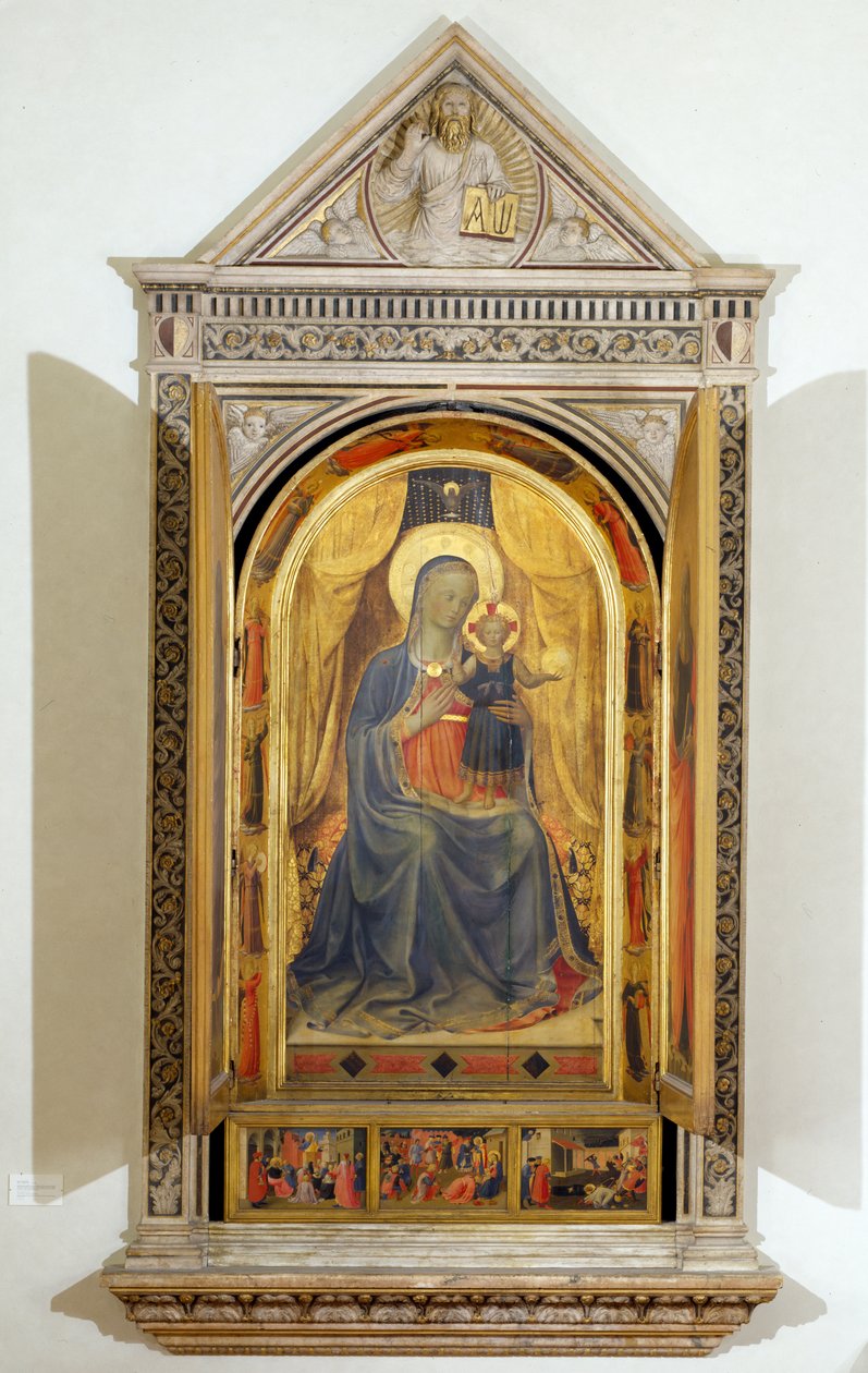 Linaiuoli-triptykonen (med åbne skodder): Jomfruen og barnet tronede med Johannes Døberen og St. Mark. af Fra  Angelico