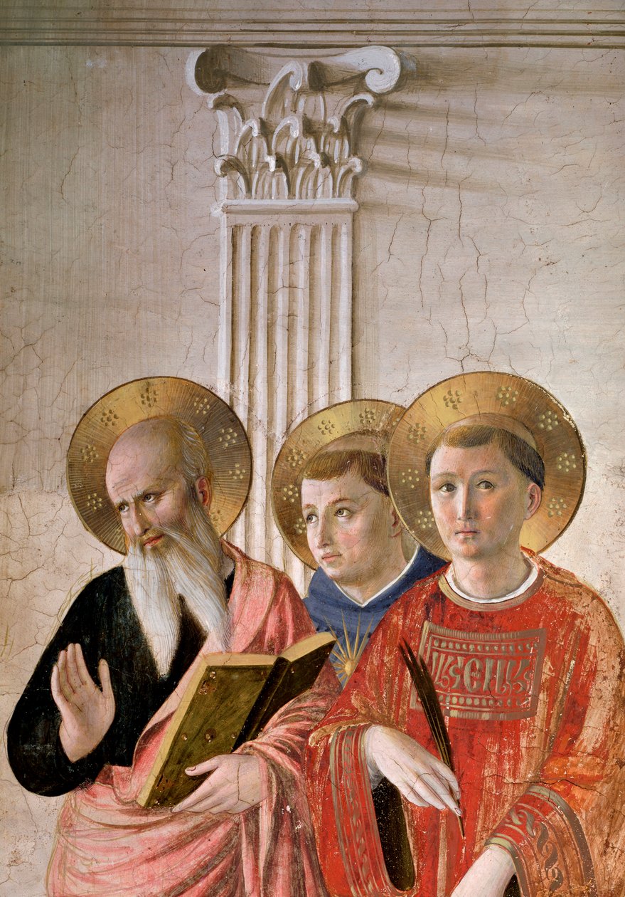 Skyggernes Madonna. Detalje: St. John, St. Thomas og St. Lawrence (fresco, ca. 1438-1446) af Fra  Angelico