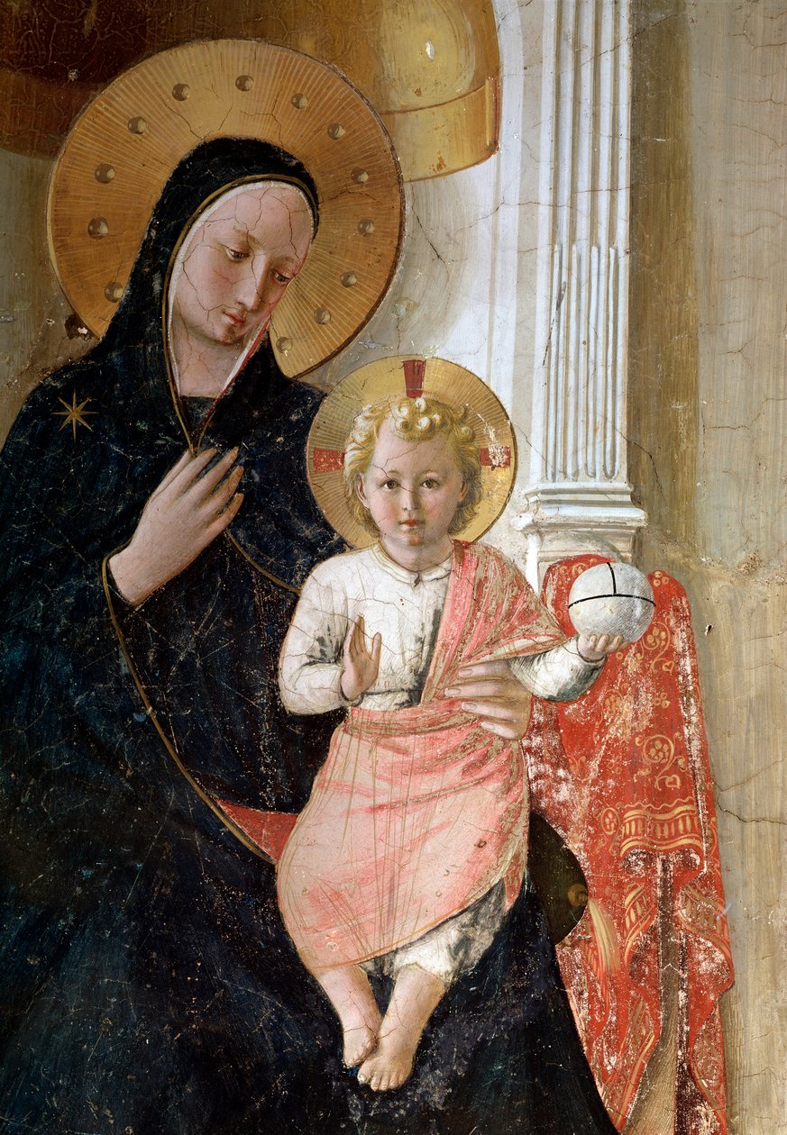 Skyggernes Madonna. Detalje, Jesu Kristi aureol er markeret med et kors (fresko, ca. 1438-1446) af Fra  Angelico