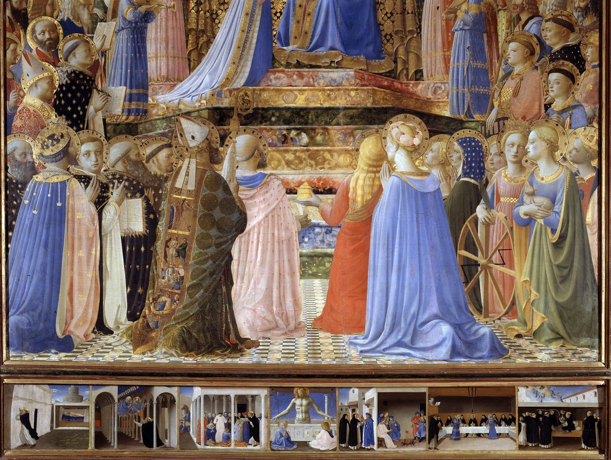 Kroningen af Virgin Detail of Saints and Angels musikere. Nedenfor historien om Saint Dominica: Sankt Peter og Sankt Pauls udseende har Sankt Dominica, Sankt Dominik genopstår Napoleone Orsini, Kristus, der står i hans grav, dispu af Fra  Angelico