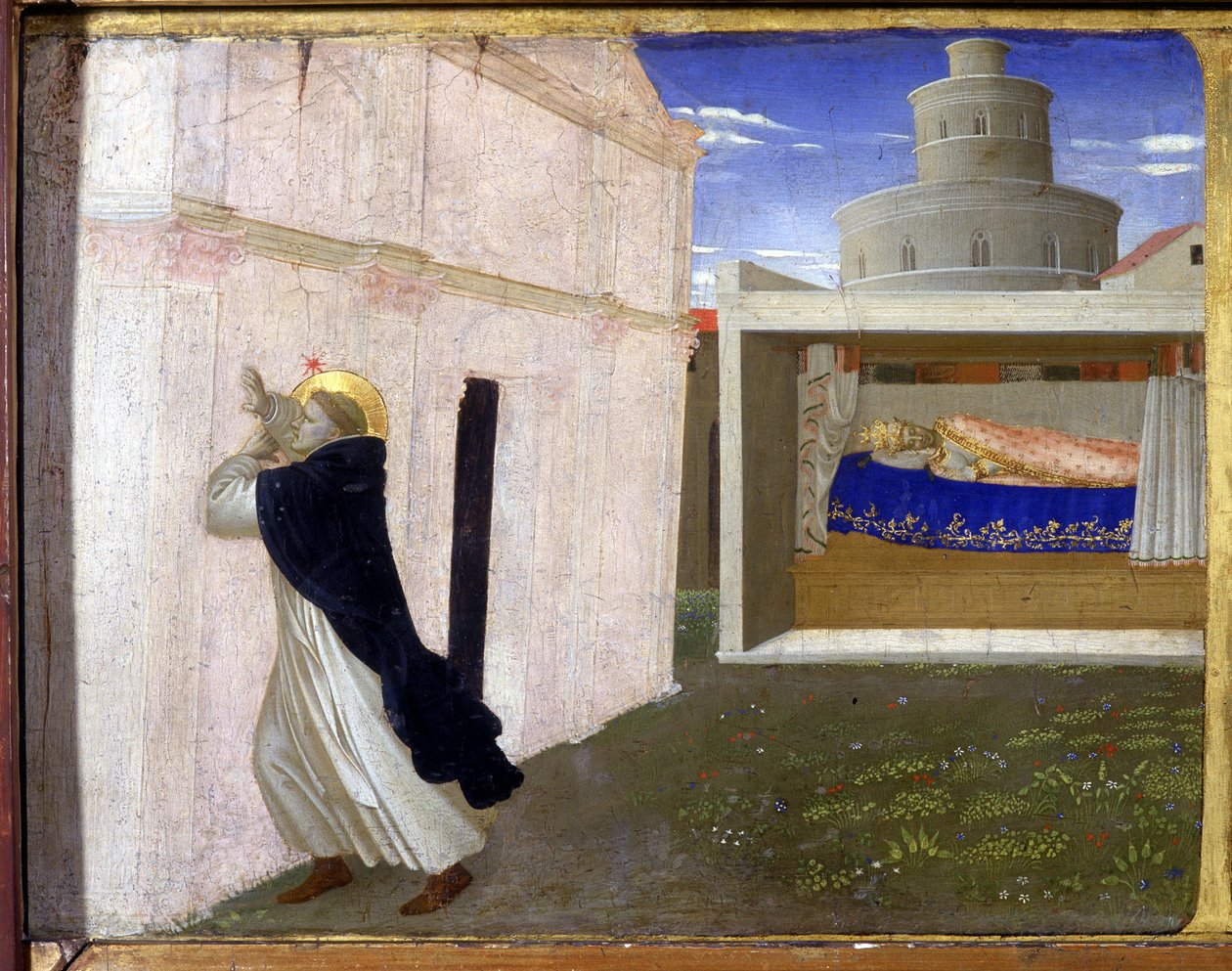 Drømmen om Innocentius III - den nederste del (predellaen) af "Jomfruens kroning", der skildrer Kristus ved graven og seks episoder af Saint Dominicas liv, grundlæggeren af den orden, som Angelicode tilhørte af Guido di Pietro ( eller Fra Giovan af Fra  Angelico