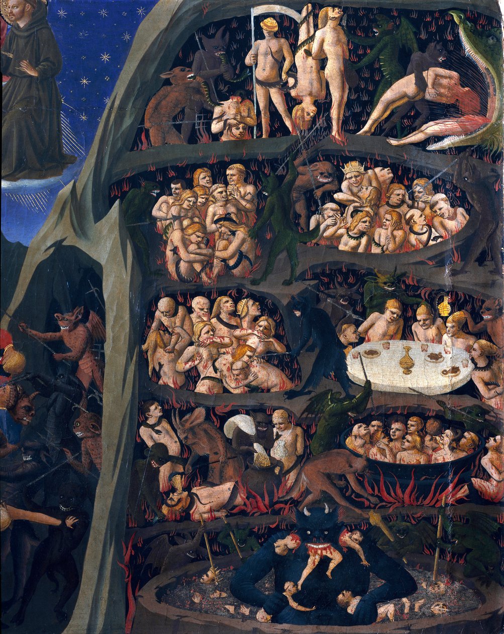 Den endelige dom: helvede. Fandens sjæle udsat for tortur i Helvedes cirkler. Djævelen nedenunder har en af dem. Maleri af Guido di Pietro (eller Fra Giovanni da Fiesole) dit Fra Angelico ou il Beato (1400-1455) af Fra  Angelico