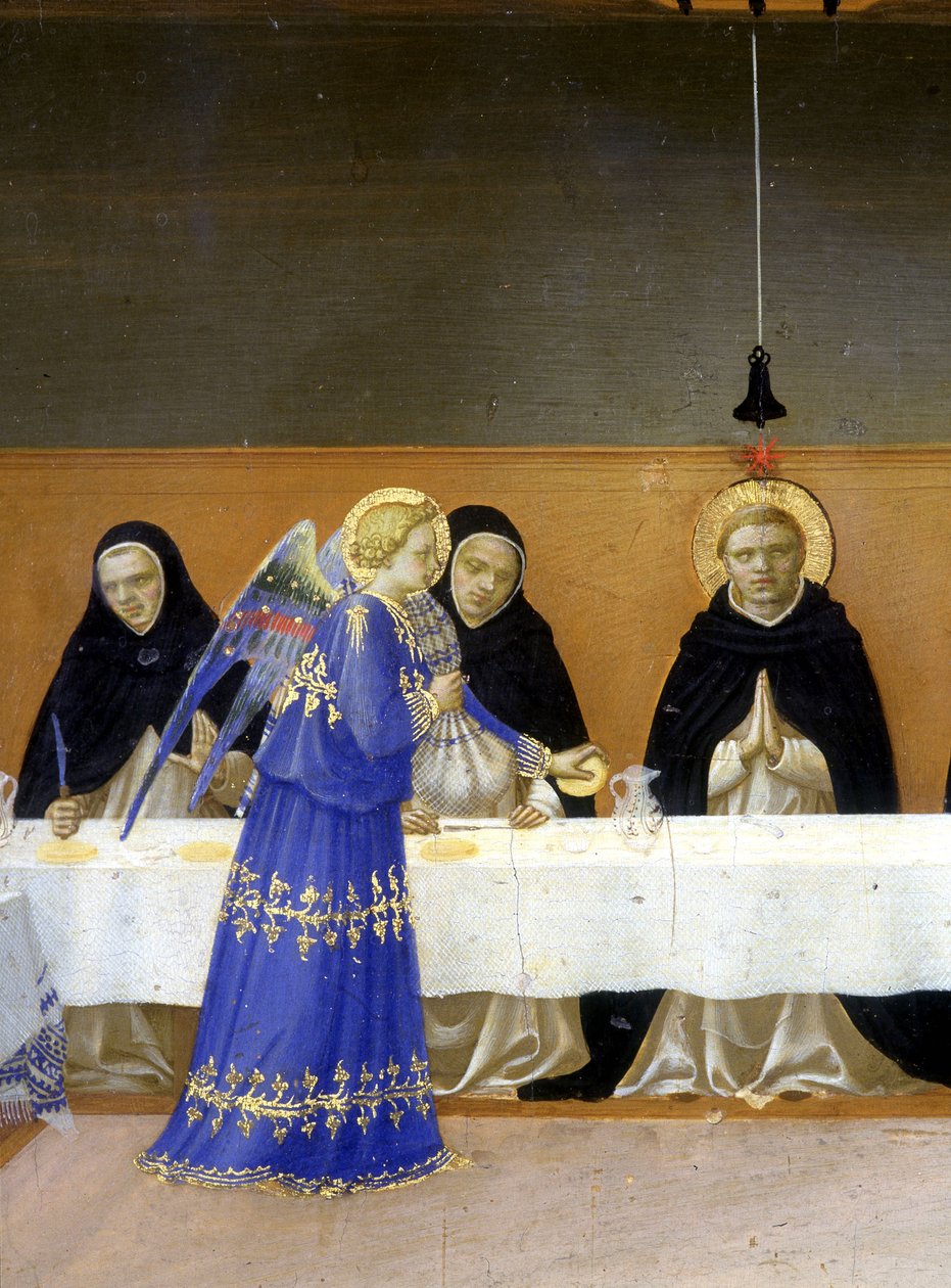 Munkenes måltid serveret af englene - den nederste del (predellen) af "Jomfruens kroning", der repræsenterer Kristus ved graven og seks episoder af Saint Dominicas liv, grundlæggeren af den orden, som Angelicode tilhørte af Guido di P af Fra  Angelico